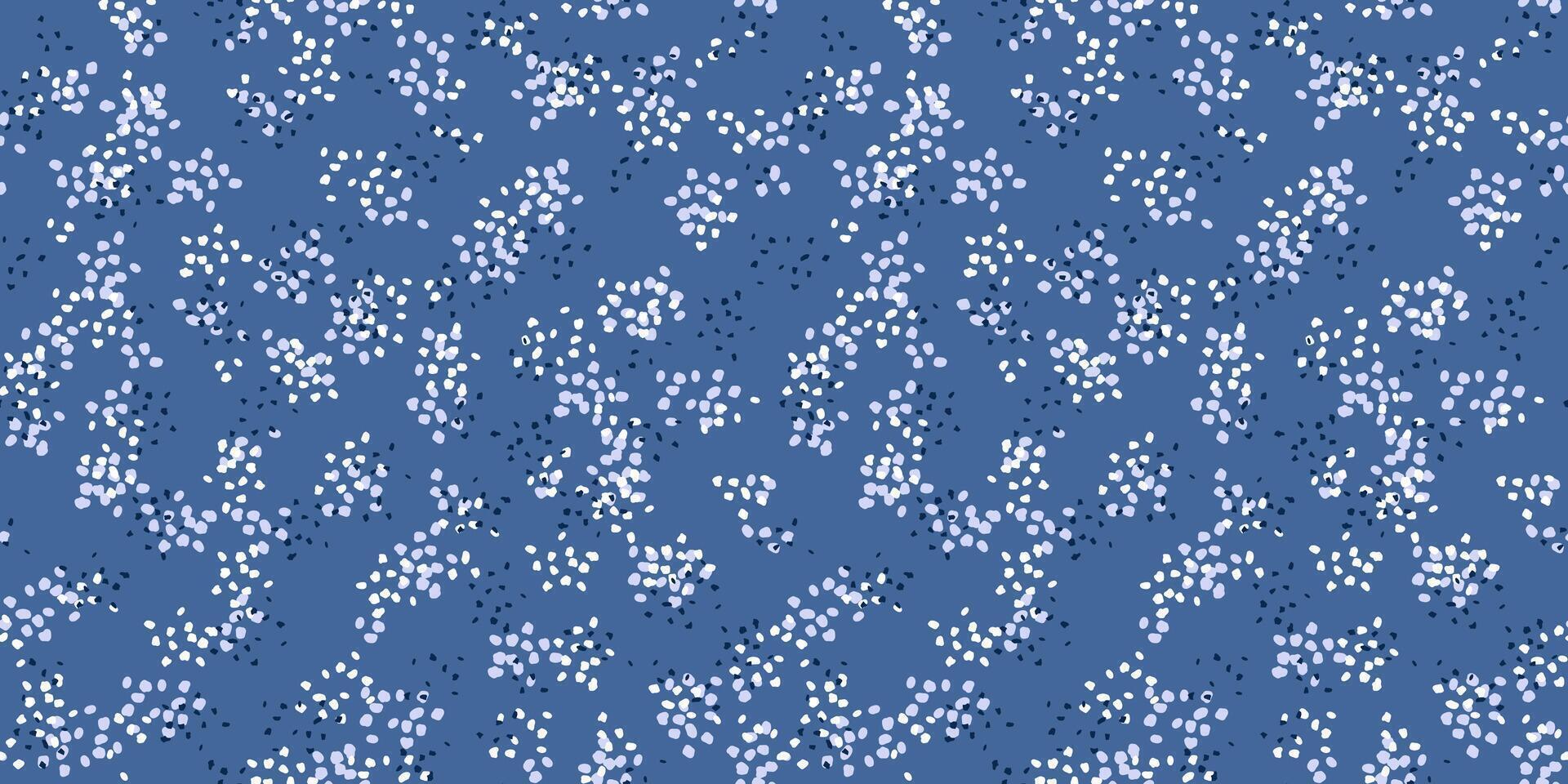 Seamless spotted pattern on blue background. hand drawn sketch. Plain ornament with abstract shape random dots, spots, drops snowflakes vector