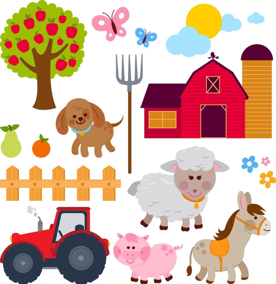 Happy cute animals at the farm in the garden field with tractor, barn, fence and apple tree. Set of farm animals. Illustration collection vector