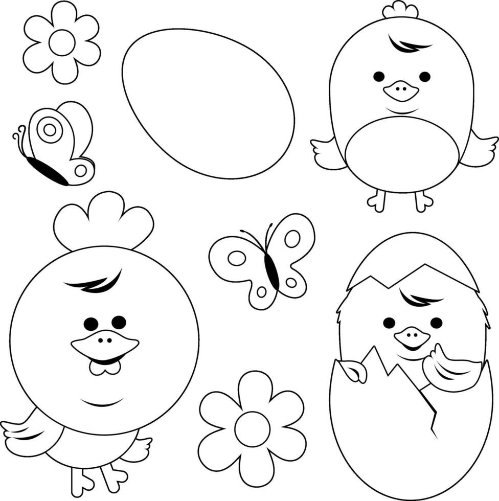 Cute little chicks and eggs. Hatching chicks from eggs, poultry farm birds in springtime with flowers and butterflies. Black and white coloring page. vector