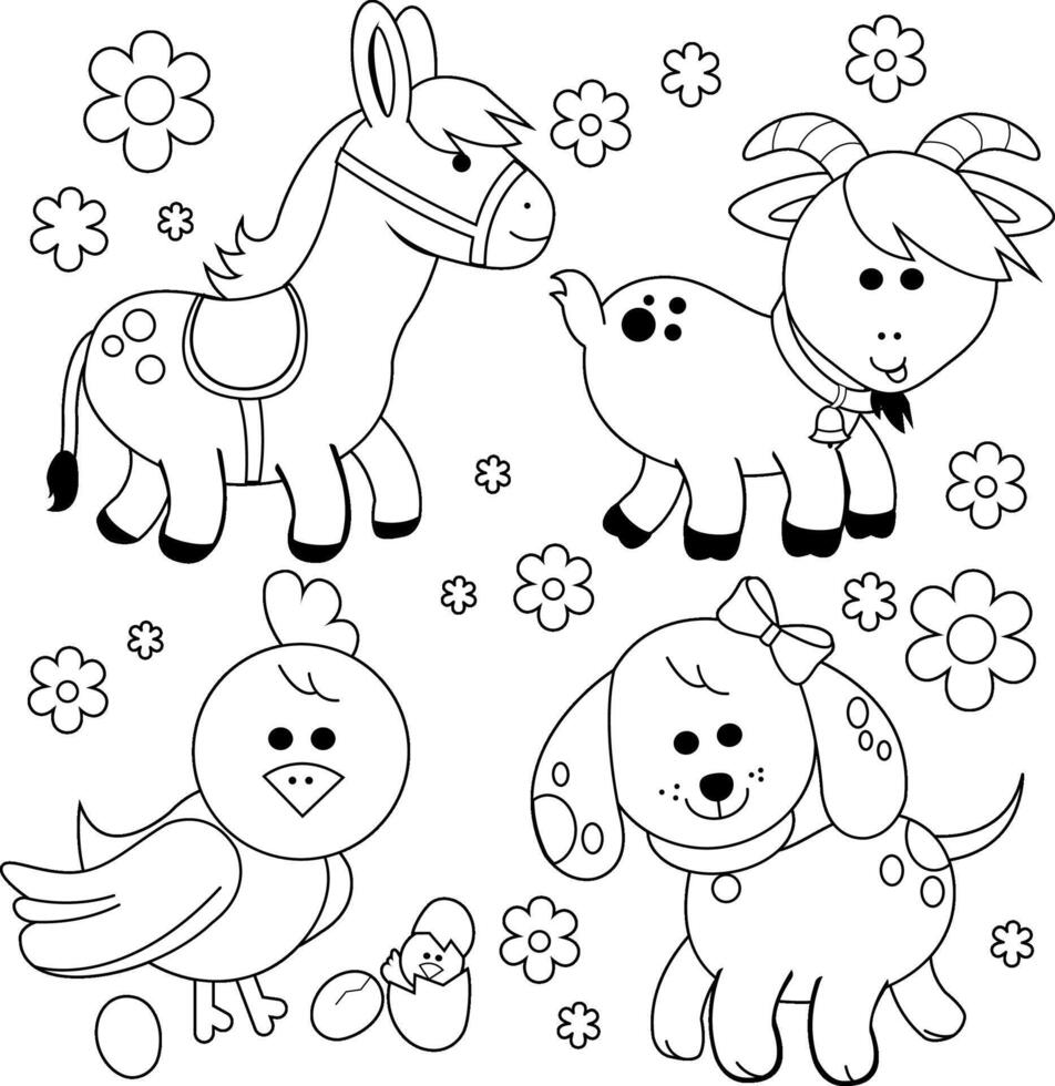 Farm animals on white background. Cute cartoon farm animals set. A donkey, a dog, a chicken and a goat. Black and white coloring page. vector