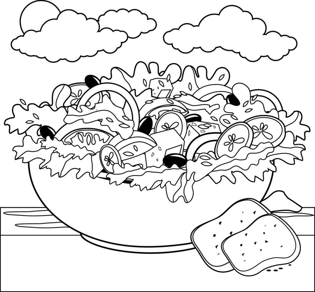 Greek salad. Bowl of vegetables and cheese salad in a table next to the sea in summer island vacations in Greece. Black and white coloring page. vector