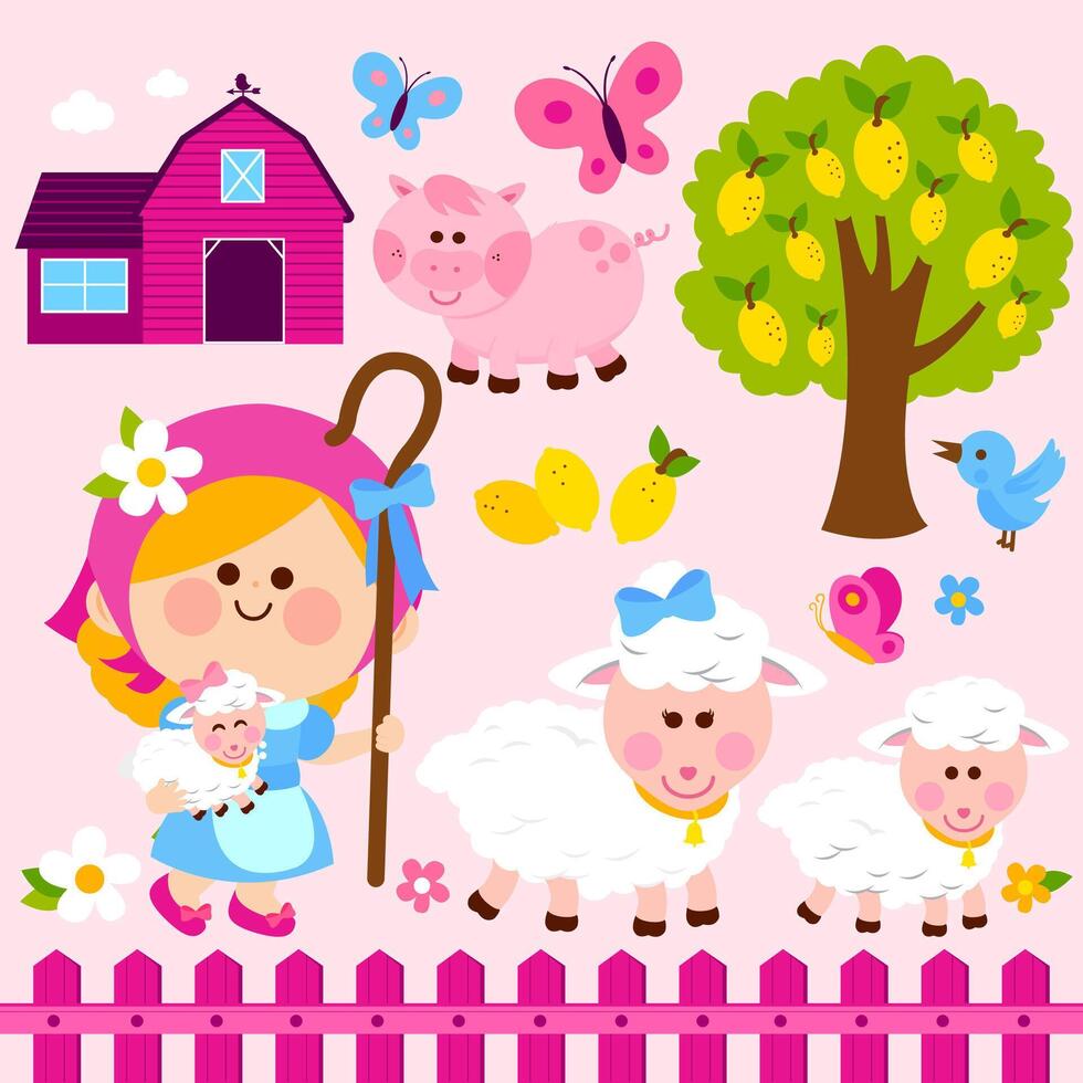 Set of farm animals and farmer girl shepherdess. Little shepherdess girl and her sheep at the farm ranch. Happy child at the farm with her farm animals. Illustration collection vector