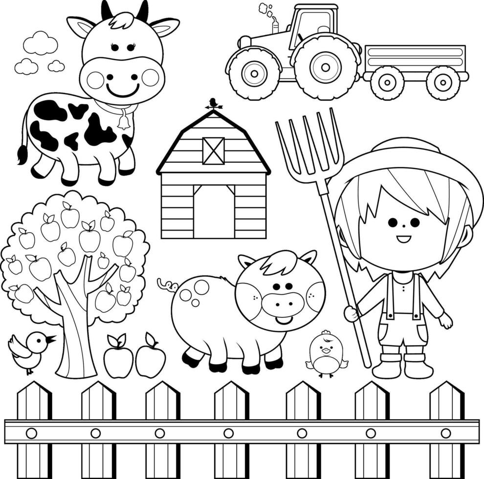 Farmer boy and animals. Happy child at the farm working in the garden field with tractor, barn, farm animals, fence and apple tree. Black and white coloring page. vector