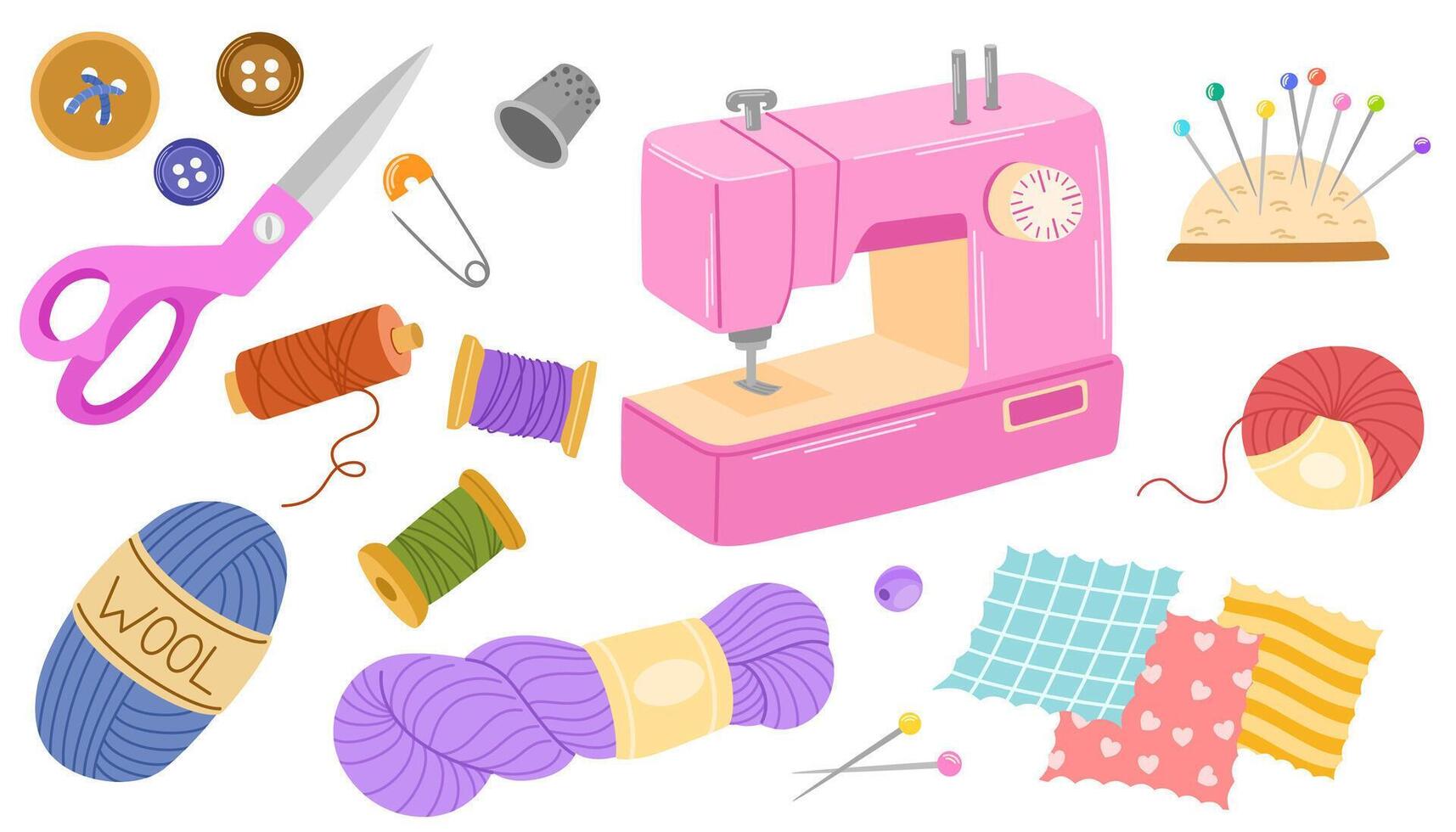 Tools for sewing and embroidery set. Tailor's supplies, sewing equipment for handicrafts and textiles. Threads, sewing machines, scissors, pins, weaving wool, scissors. illustration vector