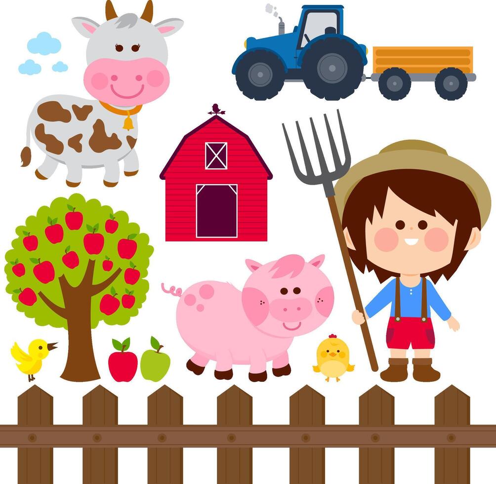Farming in the country set with farm animals and a farmer boy child. Happy kid at the farm working in the garden field with tractor, barn, farm animals, fence and apple tree. Illustration collection vector