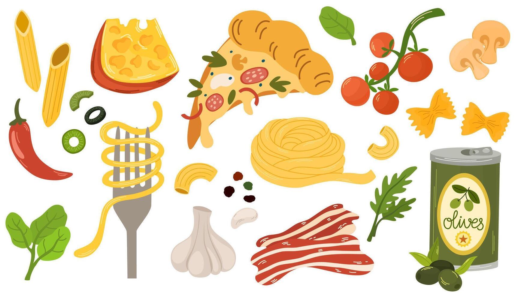 Italian food set, ingredients. Traditional products set, olive oil, tomatoes, mozzarella, pizza, cheese, pasta. hand draw food illustrations isolated on white background vector