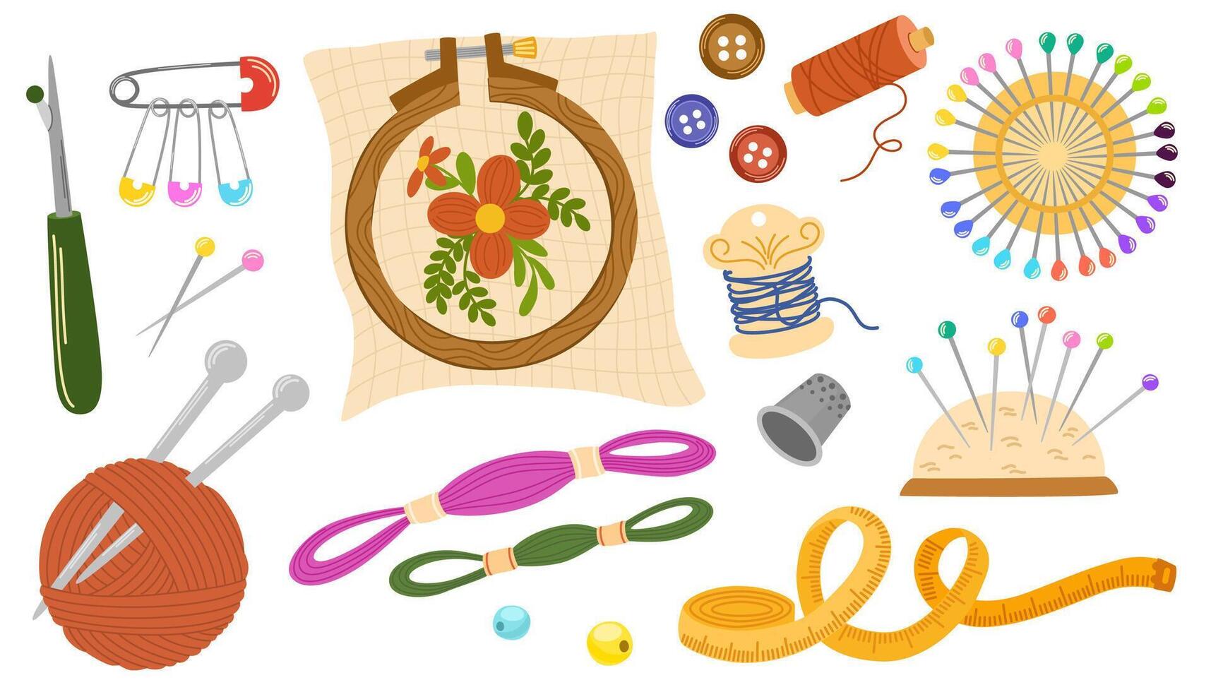 Sewing tools set. Needles, scissors, yarn, sewing machine, buttons, spools, threads etc. Needlework concept. Hand draw illustration isolated on the white background vector
