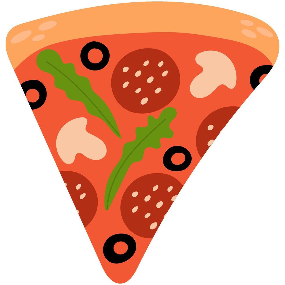 Slice of pizza with sausage, olives, mushrooms and fresh herbs. vector