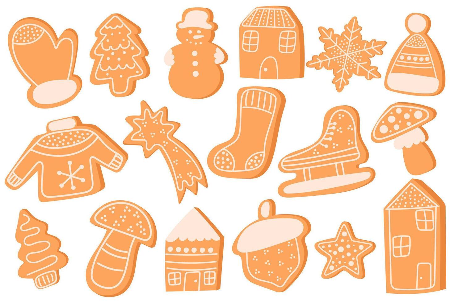 Christmas Gingerbread Cookies. Winter sweet homemade biscuits in different shapes isolated on white background. vector