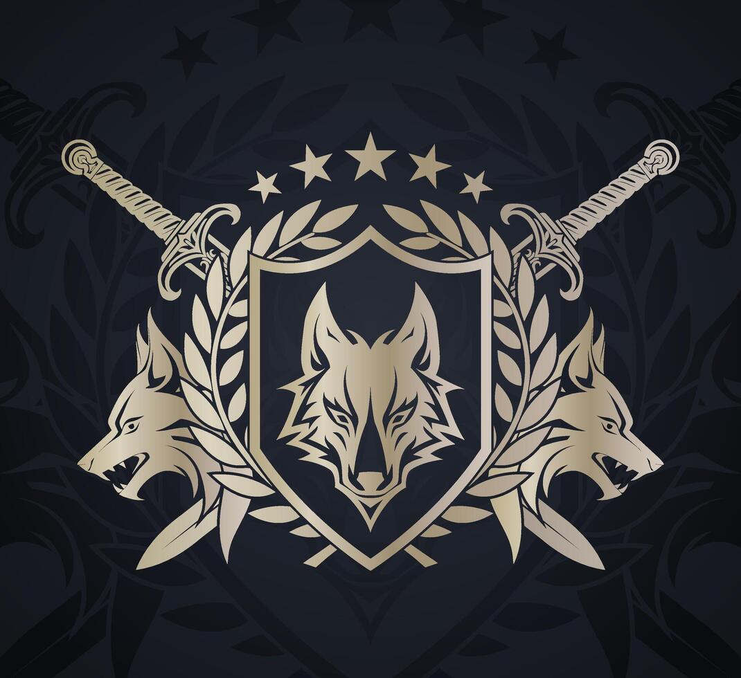 wolf head shiny metal heraldry logo with shield laurel wreath swords and stars vector