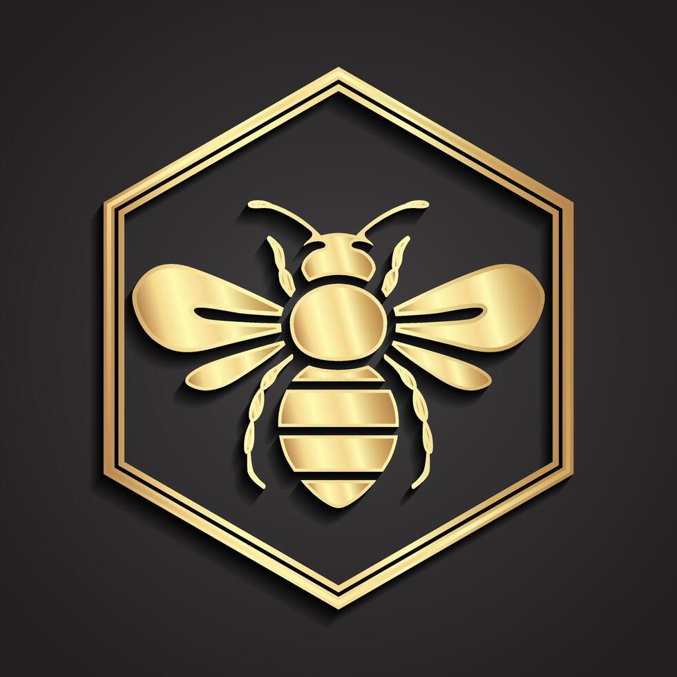 bee in hexagon 3d shiny gold logo design vector