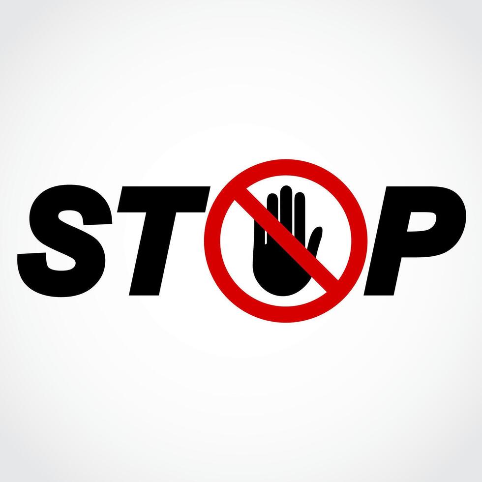 stop text label with red restriction symbol with hand vector