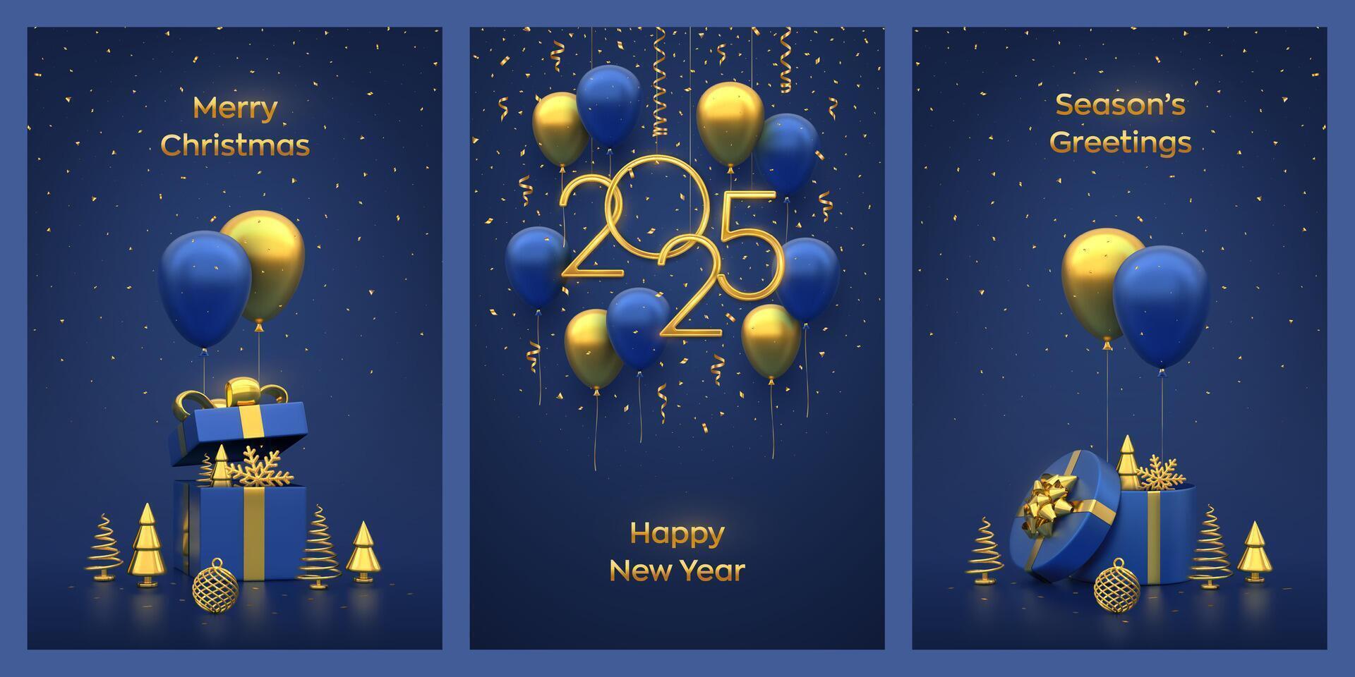 Christmas card set. Happy New Year 2025. Gold numbers 2025 with 3D festive helium balloons blue background. Gift boxes with gold bow and golden metallic fir trees, ball, snowflake. vector