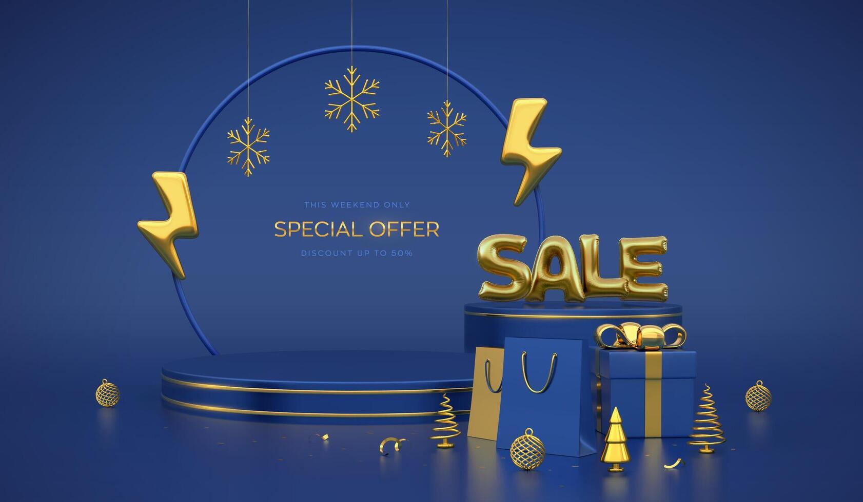 Christmas sale banner. Blue Stage podium with gold lightning bolt and snowflakes. Golden Sale balloon word. Gift box, shopping bags, trees. New Year, Christmas sale special offer. Flash sale. vector
