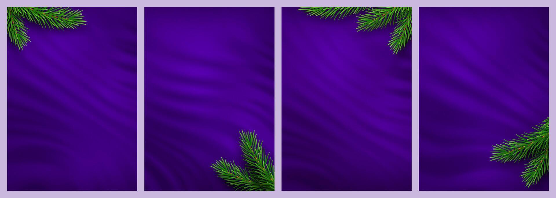 Christmas backgrounds set. Holiday pine and fir branches on purple background. Festive Xmas and New Year background. Fir branch. Pine branch. Christmas card. vector