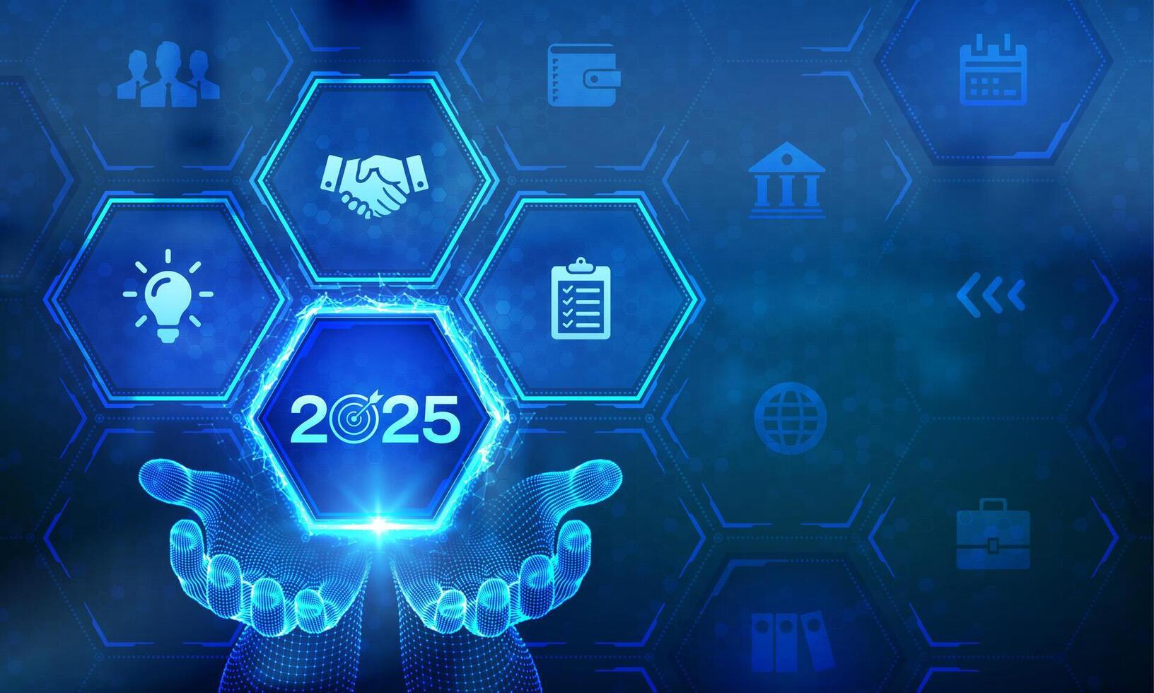2025 New year Goals and plans icon in wireframe hands. Business plan and strategies. Goal acheiveement and success in 2025. Resolutions, plan, action, checklist concept. vector