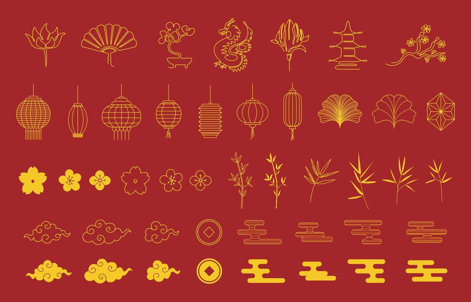 Asian design elements. Chinese new year. Chinese spring festival. Lunar new year. Chinese clouds, lanterns, flowers, dragon, bamboo. Continuous line art. . vector