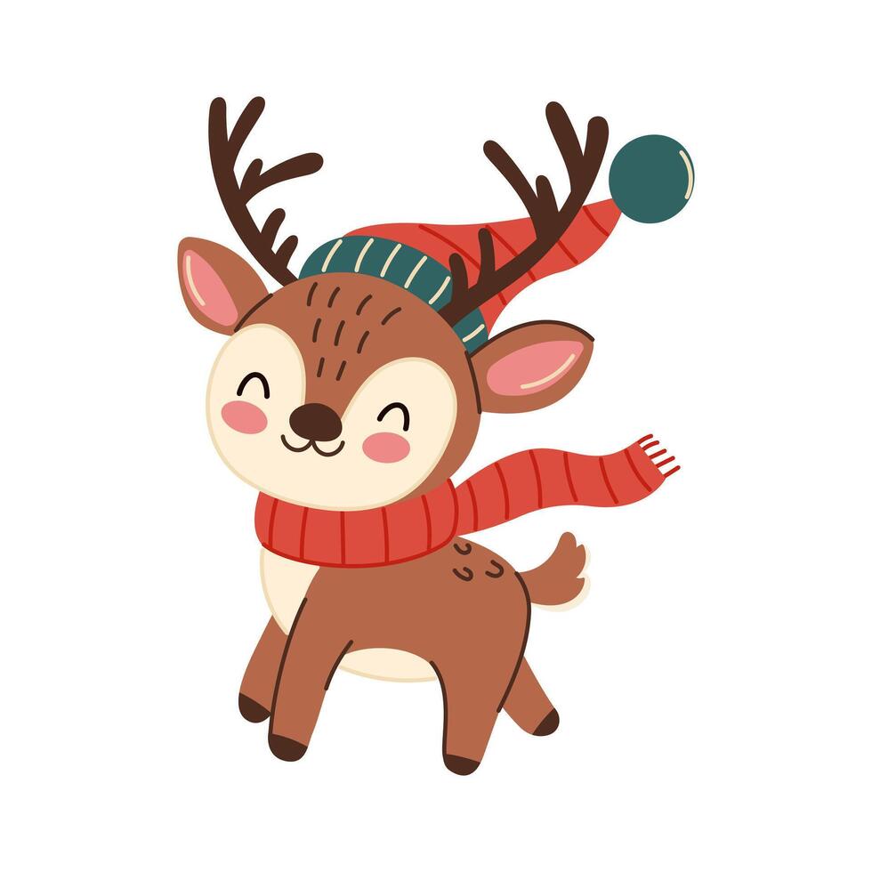 Christmas deer wearing hat and scarf. Cute Christmas reindeer isolated on white background. Hand drawn style vector