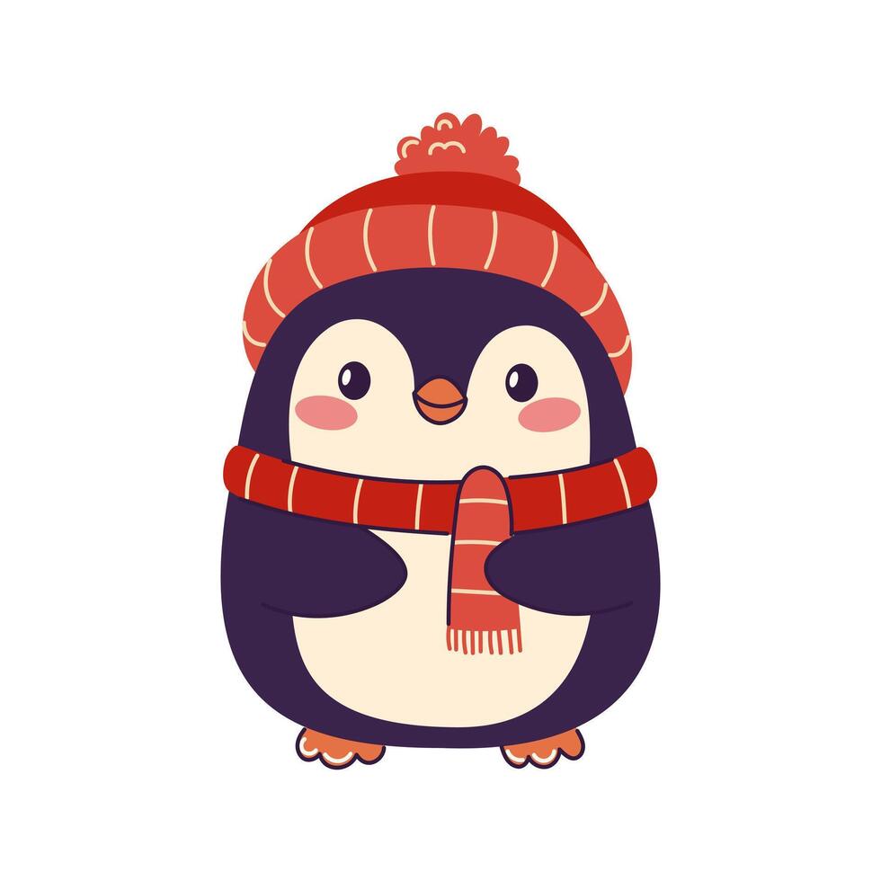 Cute christmas penguin wearing hat and scarf. Christmas penguin character isolated on a white background. Hand-drawn illustration vector