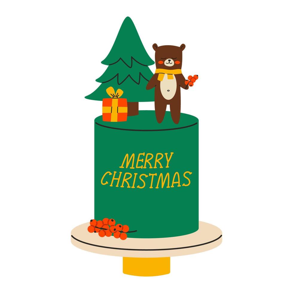 Christmas cake with cute bear. Green Festive Gingerbread Bundt Cake. Flat illustration isolated on white background. vector