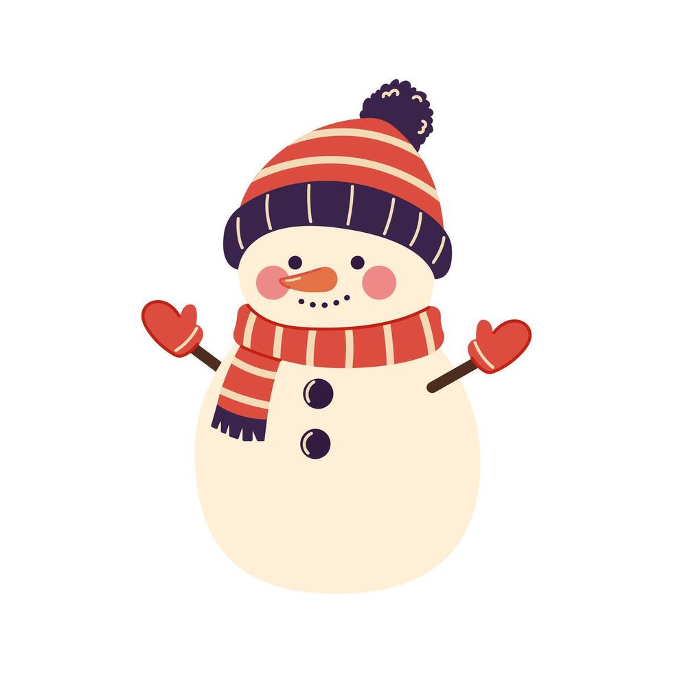 Cute Snowman wearing hat and scarf. Cheerful snowman isolated on white background. Hand drawn illustration Keywords lang vector