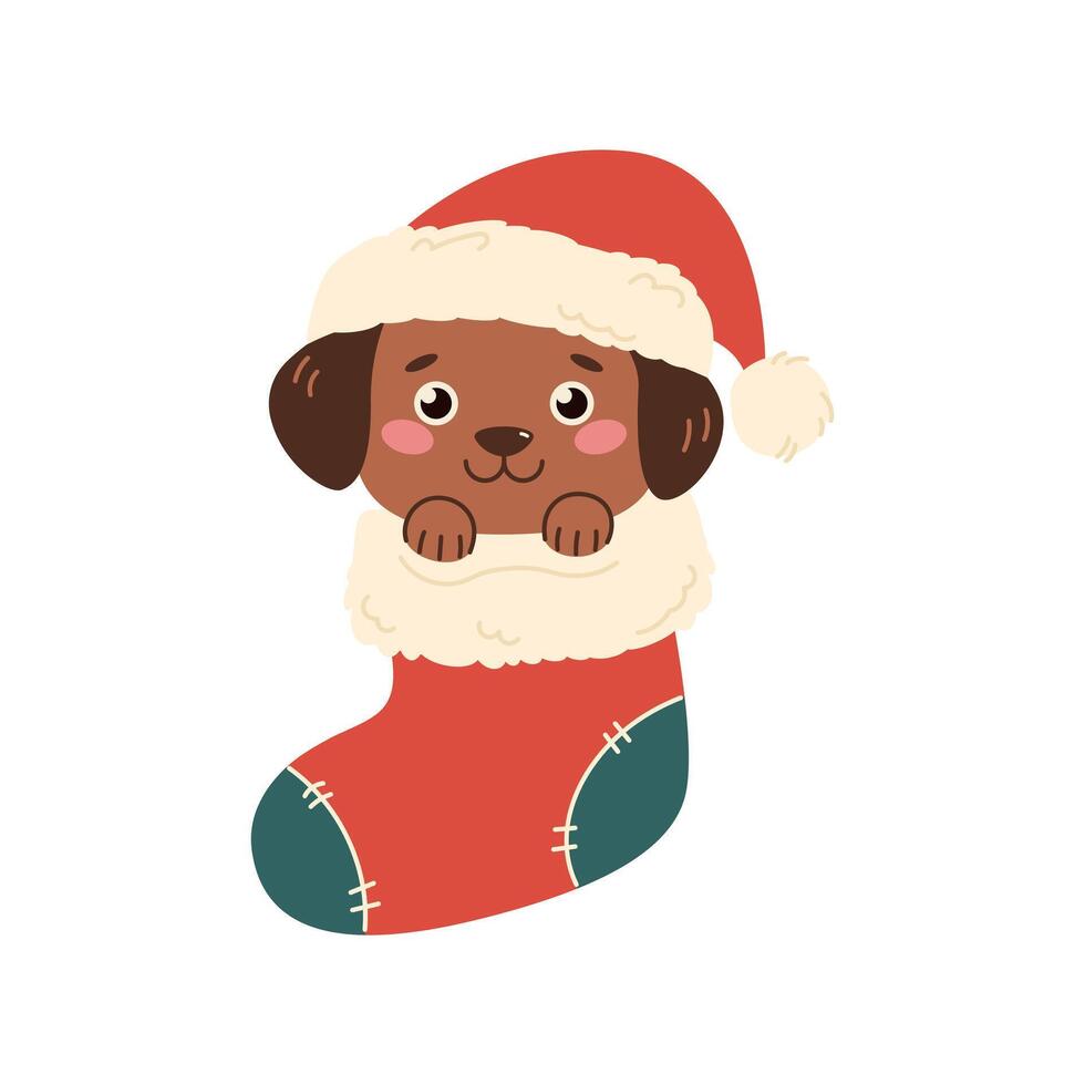 Cute puppy in christmas stocking. Small dog wearing Santa hat in Christmas sock isolated on white background vector