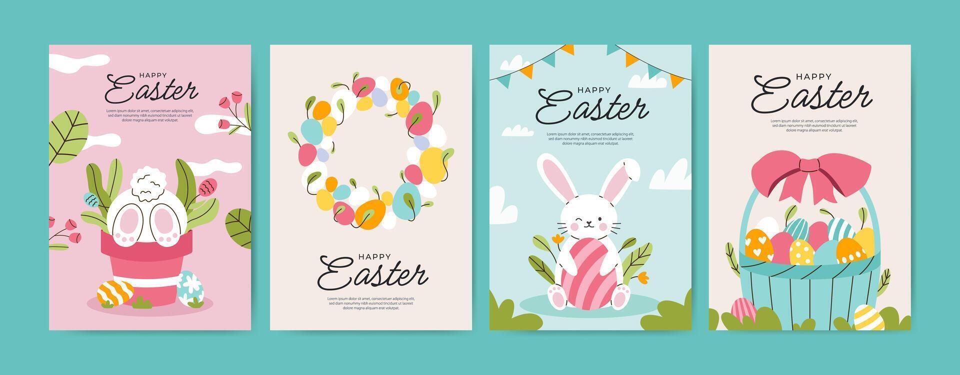 Cute Easter holiday greeting cards set. Banners with bunnies, flowers and Easter eggs. Childish print. vector