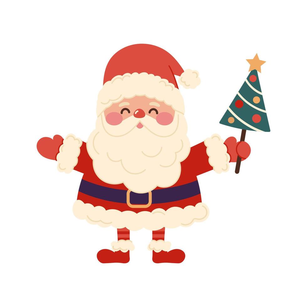 Christmas Santa Claus character. Santa Claus holds a Christmas tree in his hand. Merry Christmas and Happy New Year. Funny Santa Claus with Christmas tree isolated on a white background vector