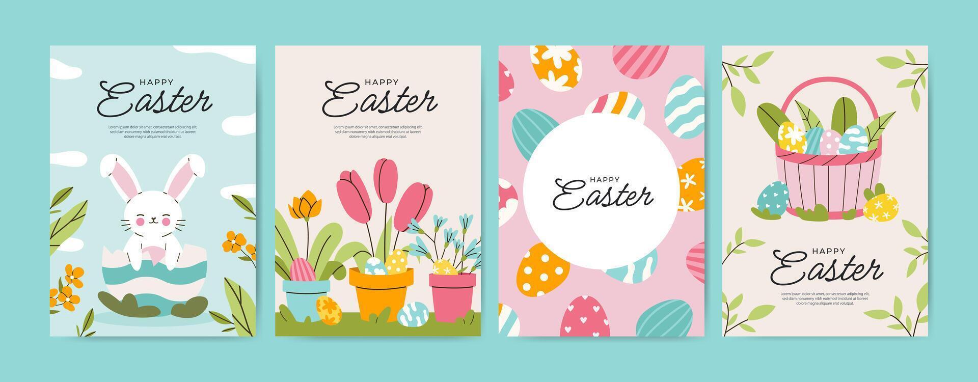 Happy Easter set of greeting cards, posters, holiday covers. Cute design with spring hand drawn flowers, typography, eggs and bunny. Template for web, social media. vector