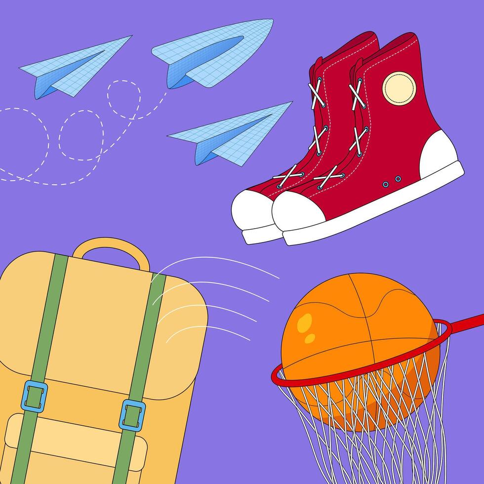 Colorful illustration of back-to-school essentials including sneakers, a basketball, backpack, and paper planes for creative educational designs. vector