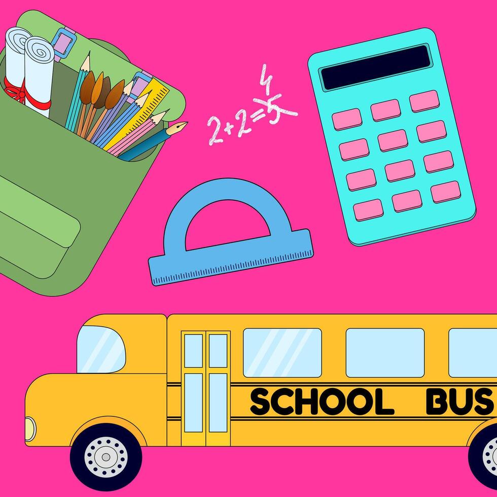 Bright illustration of a school bus with educational tools like calculators, rulers, and stationery. Perfect for school-themed designs. vector