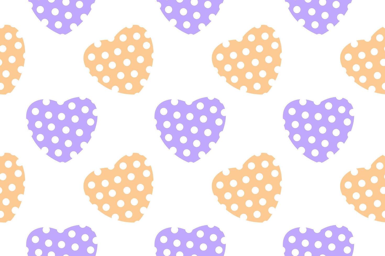 Seamless pattern of polka dot hearts in pastel purple and orange on a white background, ideal for creative projects. vector