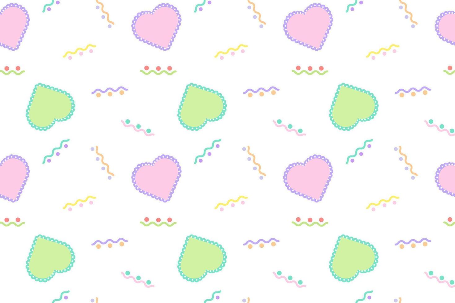 A seamless pastel pattern featuring lace-style hearts and decorative wavy lines on a white background. Perfect for designs. vector