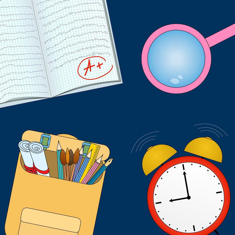 Illustrated back to school supplies including a notebook, alarm clock, magnifying glass, and art tools, perfect for educational designs. vector