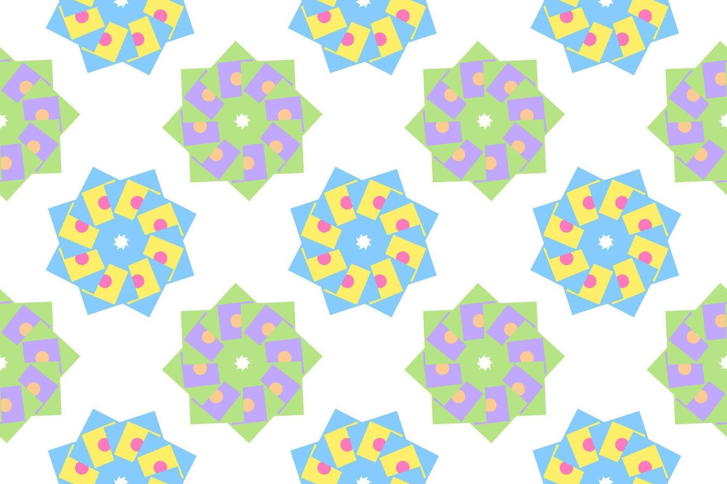 Seamless colorful pattern featuring kaleidoscopic floral shapes with geometric and circular details. vector