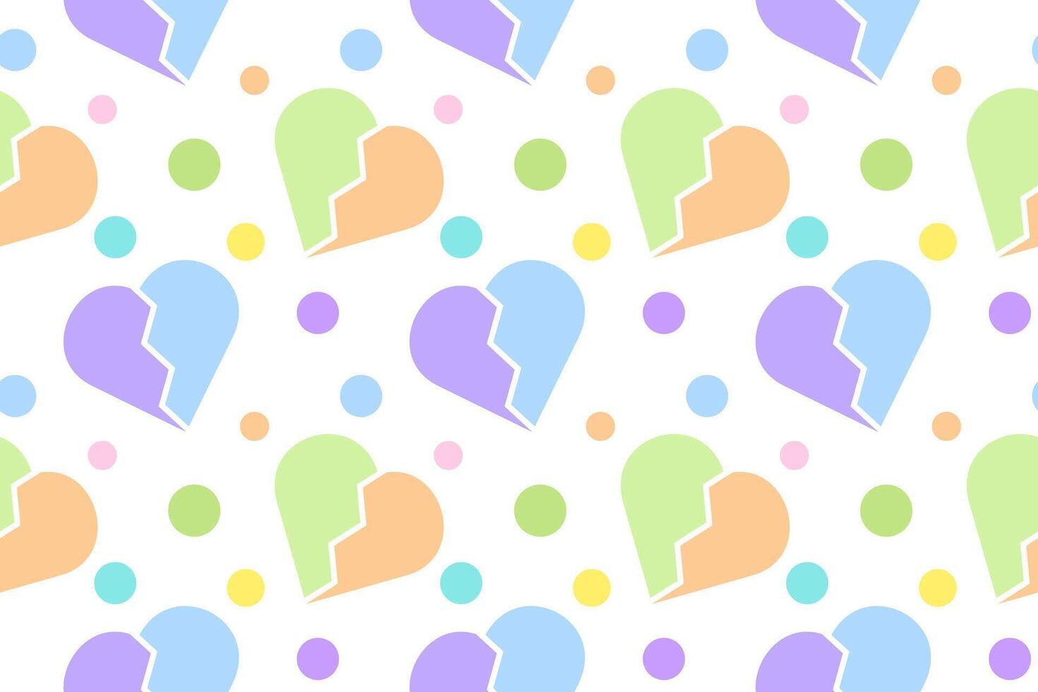 Repeating pattern of pastel-colored broken hearts and playful dots on a white background. vector