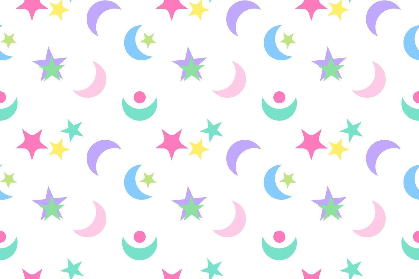 Seamless pattern of colorful stars, moons, and celestial shapes on a white background, ideal for creative projects. vector