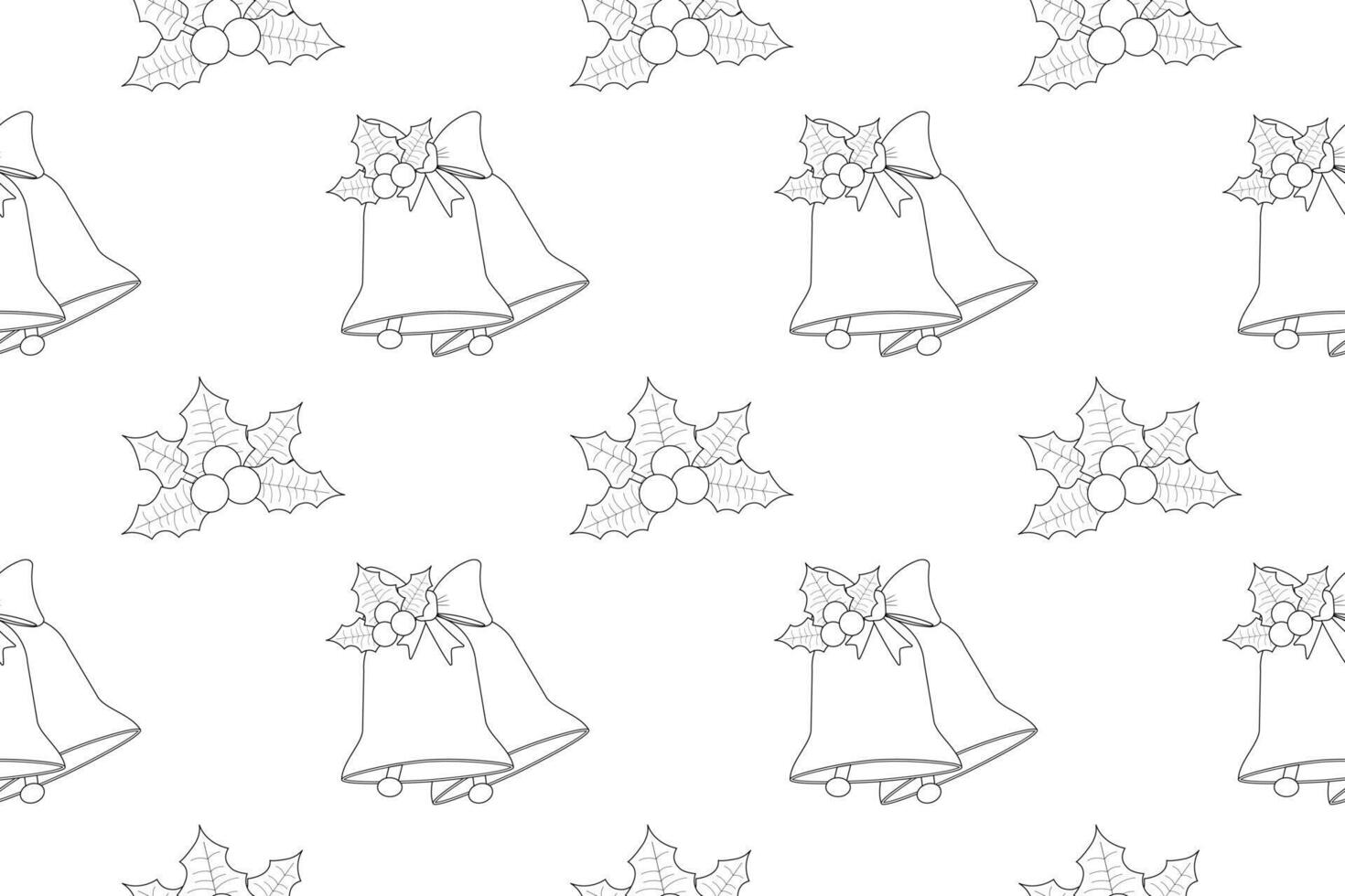 Black and white seamless pattern with Christmas bells and holly leaves, perfect for coloring pages or holiday designs. vector