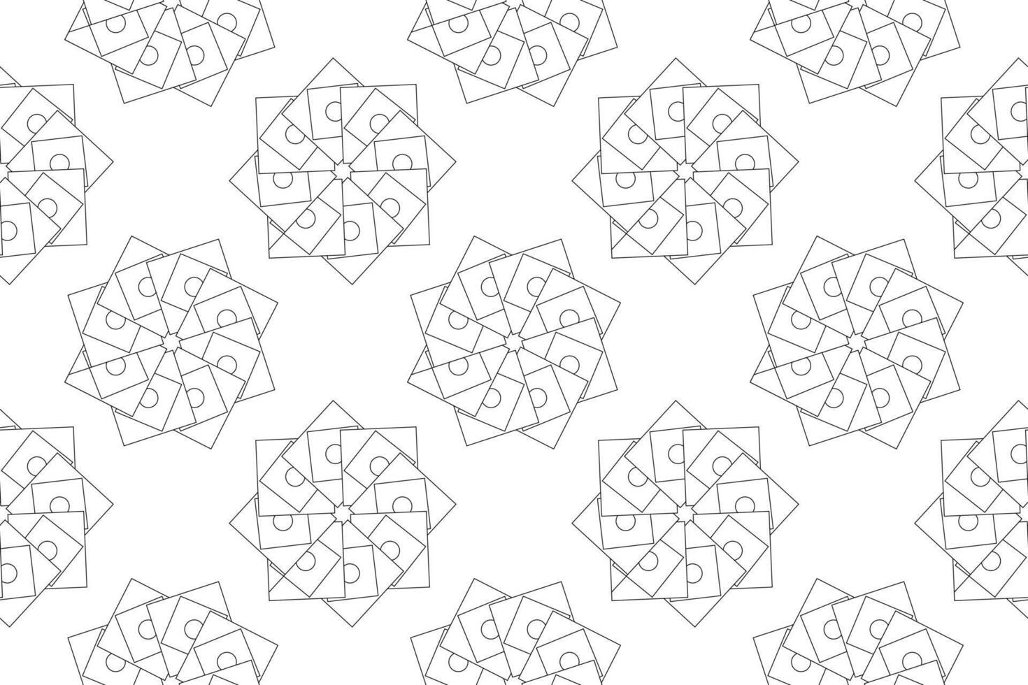 Black and white geometric flower pattern featuring squares and circles, ideal for children coloring activities. vector