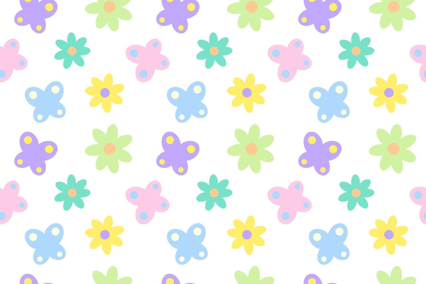 A seamless pattern featuring colorful pastel flowers and butterflies on a white background, ideal for cheerful designs. vector