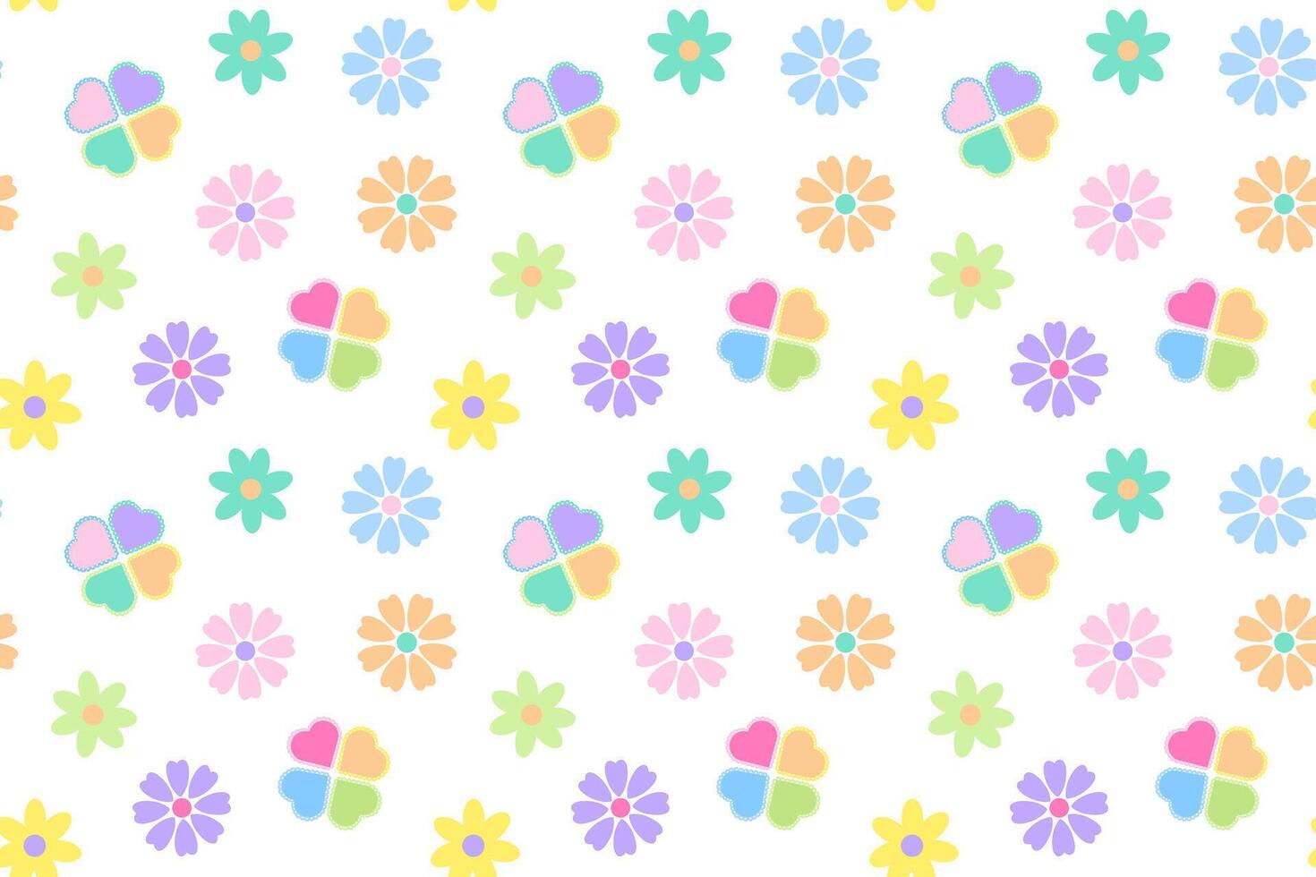 Vibrant seamless pattern of colorful flowers and heart-shaped clovers in pastel hues on a white background. vector