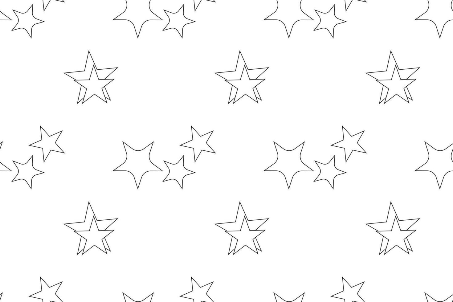 Black and white seamless pattern featuring various outlined stars for coloring. Ideal for childrens activities and creative projects. vector