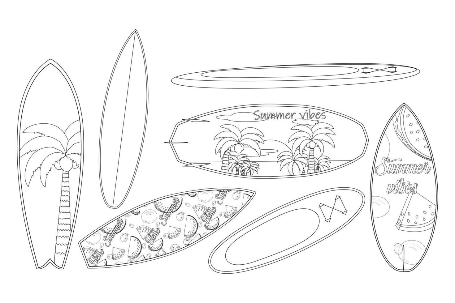 Set of detailed surfboard illustrations for coloring. Perfect for summer, beach, and surfing enthusiasts of all ages. vector