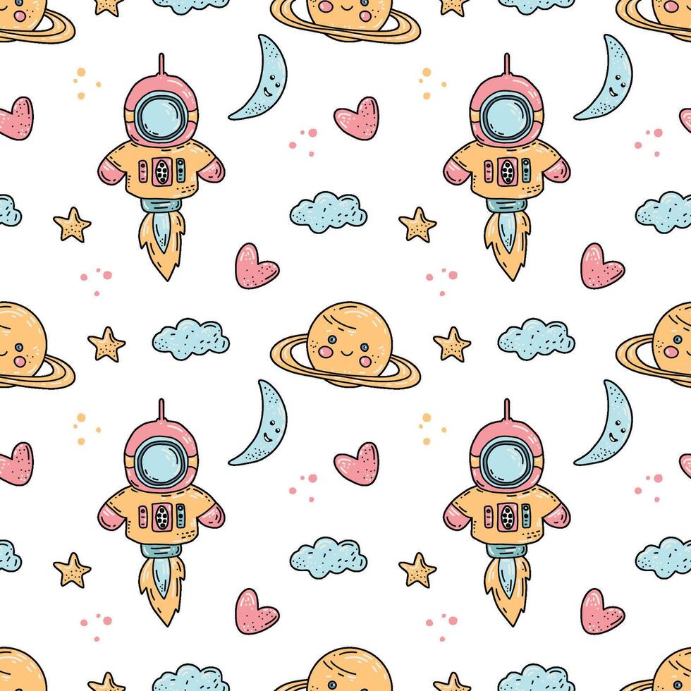 Seamless pattern. starry sky, white background. yellow stars, bizarre astronaut, alien UFO, rocket, moon for children's rooms, textiles. vector