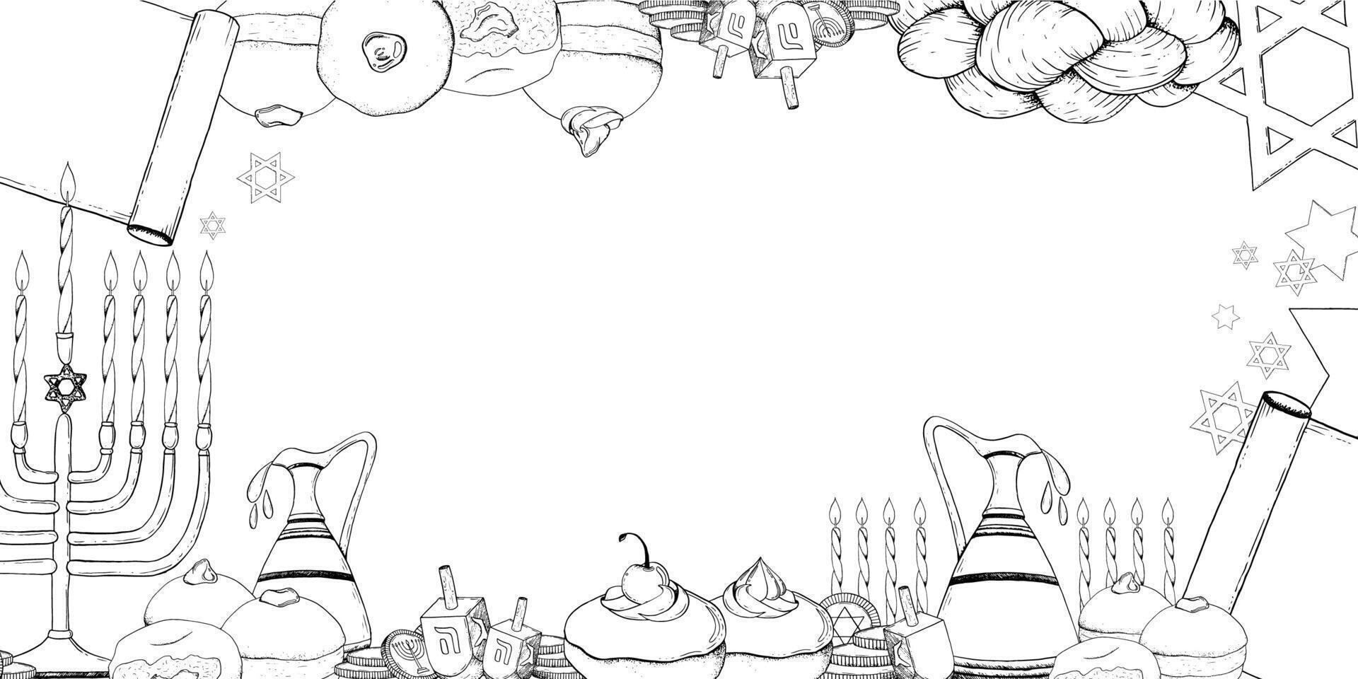 Horizontal Jewish Hanukkah holiday symbols template. Black and white rectangular frame with menorah, dreidels, donuts, jug of olive oil, coins and candles. Israel winter celebration banner vector