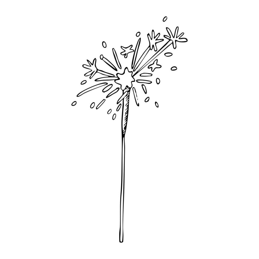Ink bengal light sparkler illustration in simple style for coloring. Hand drawn ink drawing for festive holiday designs vector