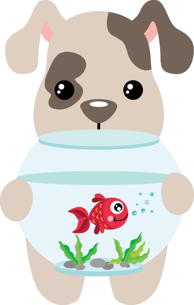 Funny puppy holding a red fish in globe aquarium vector