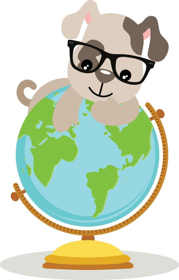 Cute puppy on the world globe vector