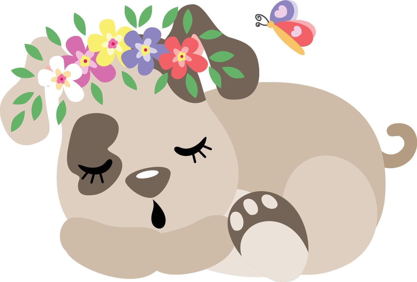 Cute puppy sleeping with wreath floral on head vector