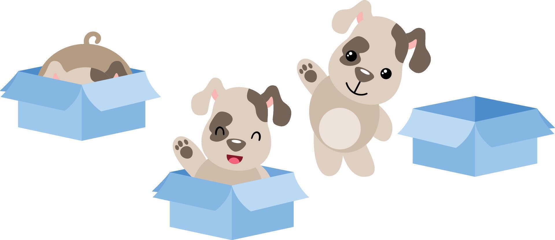 Cute puppy in different positions going out a cardboard box vector
